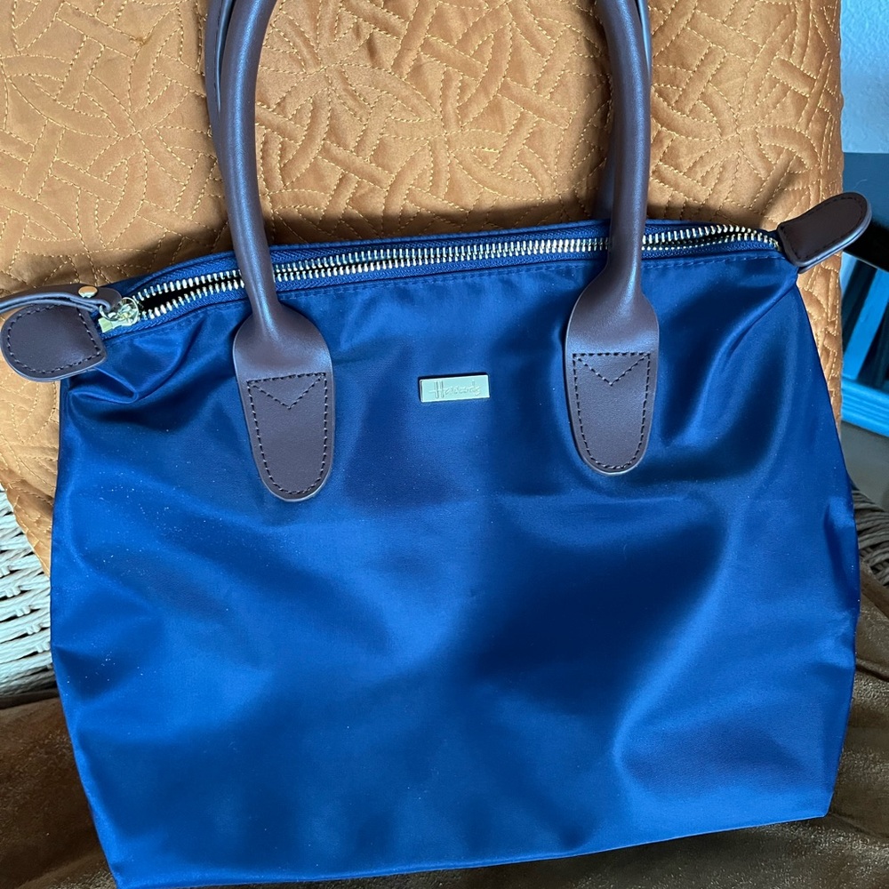 Harrods Nylon Top-Handle Tote in Deep Blue with Brown Trim